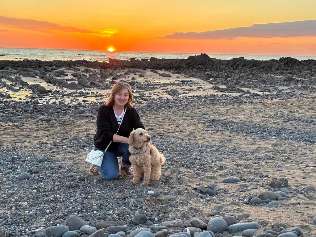 Dogs on the Cornish coast at sunset — Whalesborough is dog-friendly across all 26 cottages with enclosed gardens and on-site dog showers